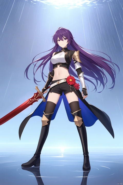  [[fu hua (phoenix)(honkai impact 3rd)]], nai3, 1girl, solo, artstyle,
1girl, long hair, breasts, bangs, multiple girls, thighhighs, navel, holding, 2girls, weapon, purple hair, flower, boots, shorts, midriff, sword, water, thigh boots, black shorts, gauntlets, reflection, rain, ripples, different reflection