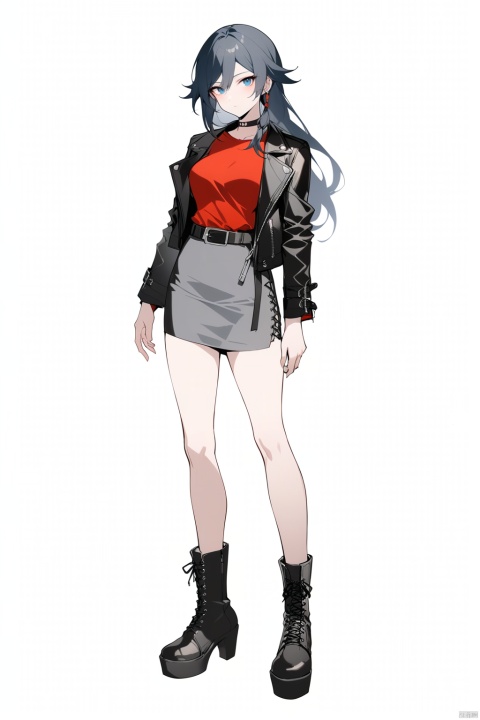  [[fu hua(honkai impact 3rd)]], nai3, 1girl, solo, artstyle,best quality,amazing quality,very aesthetic,absurdres,traditional media,female focus, 
1girl, solo, long hair, looking at viewer, blue eyes, skirt, shirt, black hair, white background, standing, jacket, full body, boots, choker, belt, black footwear, black jacket, black choker, red shirt, grey skirt, cross-laced footwear, pencil skirt, leather, leather jacket