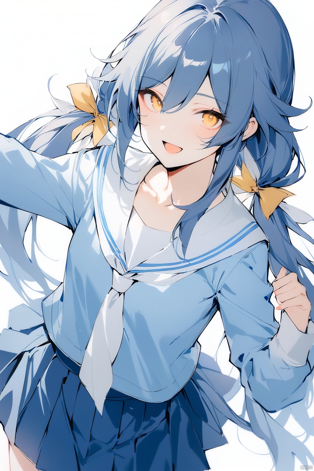  [[fu hua(honkai impact 3rd)]], nai3, 1girl, solo, artstyle,best quality,amazing quality,very aesthetic,absurdres,traditional media,female focus, 
1girl, solo, long hair, looking at viewer, smile, open mouth, bangs, skirt, shirt, long sleeves, ribbon, twintails, school uniform, blue hair, collarbone, hair ribbon, yellow eyes, flower, :d, pleated skirt, serafuku, sailor collar, blue skirt, blue shirt, white sailor collar, blue serafuku