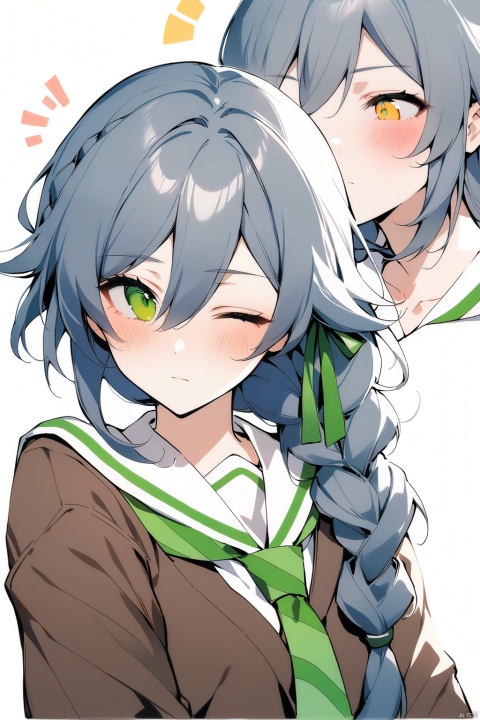  [[fu hua(honkai impact 3rd)]], nai3, 1girl, solo, artstyle,best quality,amazing quality,very aesthetic,absurdres,traditional media,female focus, 
long hair, blush, bangs, multiple girls, simple background, shirt, long sleeves, white background, ribbon, 2girls, closed mouth, school uniform, green eyes, blue hair, jacket, hair ribbon, yellow eyes, white shirt, upper body, braid, grey hair, one eye closed, green hair, necktie, collared shirt, sailor collar, looking at another, blazer, brown jacket, green ribbon, hand on another's shoulder, notice lines, striped necktie, green necktie