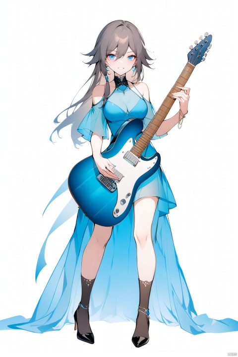  [[fu hua(honkai impact 3rd)]], nai3, 1girl, solo, artstyle,best quality,amazing quality,very aesthetic,absurdres,traditional media,female focus, 
1girl, solo, long hair, breasts, smile, bangs, blue eyes, brown hair, white background, dress, holding, standing, full body, short sleeves, shoes, socks, black footwear, high heels, see-through, blue dress, instrument, guitar, shoulder cutout, playing instrument, holding instrument, electric guitar