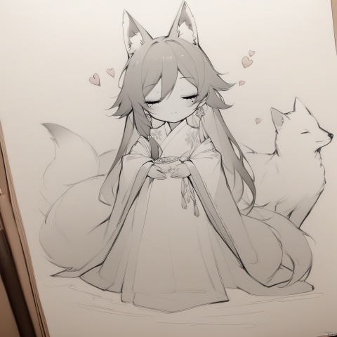  [[fu hua(honkai impact 3rd)]], nai3, 1girl, solo, artstyle,best quality,amazing quality,very aesthetic,absurdres,traditional media,female focus, 
 long sleeves, holding, jewelry, closed mouth, monochrome, closed eyes, heart, earrings, japanese clothes, wide sleeves, mole under eye, animal, sepia, fox, pvc figure