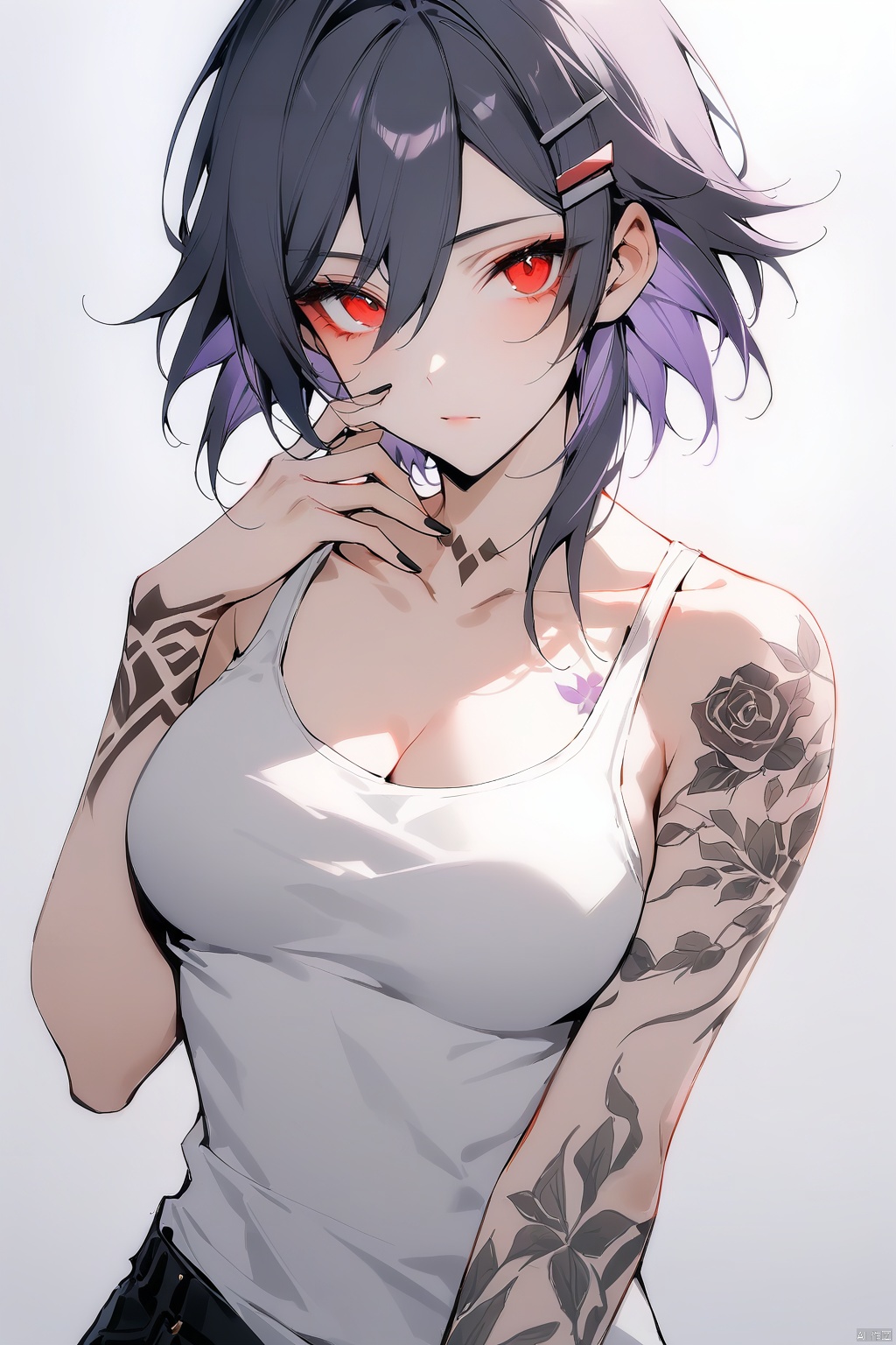 [[fu hua(honkai impact 3rd)]], nai3, 1girl, solo, artstyle,best quality,amazing quality,very aesthetic,absurdres,traditional media,female focus, 
1girl, solo, breasts, looking at viewer, short hair, simple background, black hair, hair ornament, red eyes, cleavage, bare shoulders, closed mouth, collarbone, upper body, purple hair, flower, multicolored hair, hairclip, grey background, tattoo, rose, **** top, black nails, hand on own face, arm tattoo, white **** top, neck tattoo