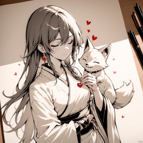  [[fu hua(honkai impact 3rd)]], nai3, 1girl, solo, artstyle,best quality,amazing quality,very aesthetic,absurdres,traditional media,female focus, 
 long sleeves, holding, jewelry, closed mouth, monochrome, closed eyes, heart, earrings, japanese clothes, wide sleeves, mole under eye, animal, sepia, fox,