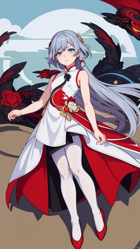 fuhua,1girl,long hair,solo,bird,white hair,dress,looking at viewer,breasts,pantyhose,small breasts,white dress,bangs,bare shoulders,black pantyhose,china dress,sleeveless,red footwear,multicoloredhair,feathers,, vector illustration, full armor, jegan,gundam,superrobet, fu hua