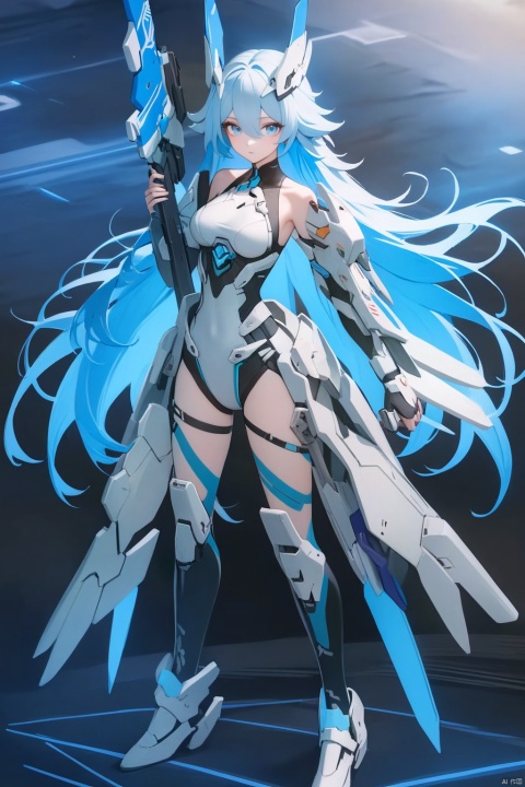  [[fu hua(honkai impact 3rd)]], nai3, 1girl, solo, artstyle,best quality,amazing quality,very aesthetic,absurdres,traditional media,female focus, 
1girl, solo, long hair, breasts, looking at viewer, bangs, blue eyes, black hair, holding, hair between eyes, blue hair, standing, full body, weapon, multicolored hair, holding weapon, headgear, personification, science fiction, mecha musume