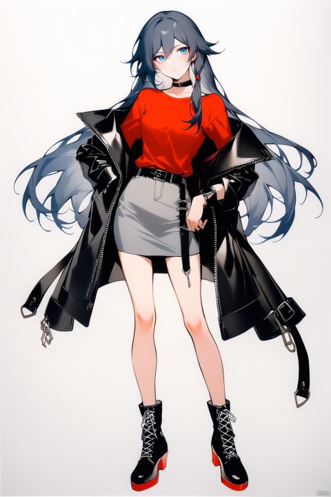  [[fu hua(honkai impact 3rd)]], nai3, 1girl, solo, artstyle,best quality,amazing quality,very aesthetic,absurdres,traditional media,female focus, 
1girl, solo, long hair, looking at viewer, blue eyes, skirt, shirt, black hair, white background, standing, jacket, full body, boots, choker, belt, black footwear, black jacket, black choker, red shirt, grey skirt, cross-laced footwear, pencil skirt, leather, leather jacket