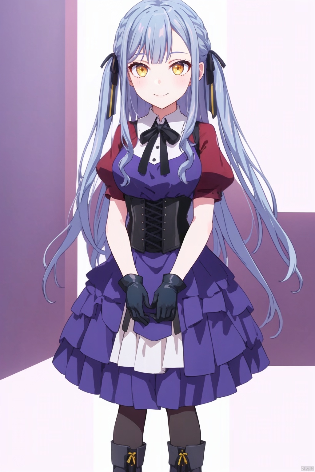  1girl, solo, masterpiece, best quality, closed mouth, smile, simple background, , togawa sakiko, 
1girl, solo, long hair, looking at viewer, smile, bangs, skirt, shirt, gloves, white background, dress, bow, ribbon, closed mouth, blue hair, standing, full body, hair ribbon, yellow eyes, short sleeves, grey hair, pantyhose, boots, black gloves, puffy sleeves, black footwear, two side up, puffy short sleeves, black pantyhose, black ribbon, red shirt, corset, layered dress