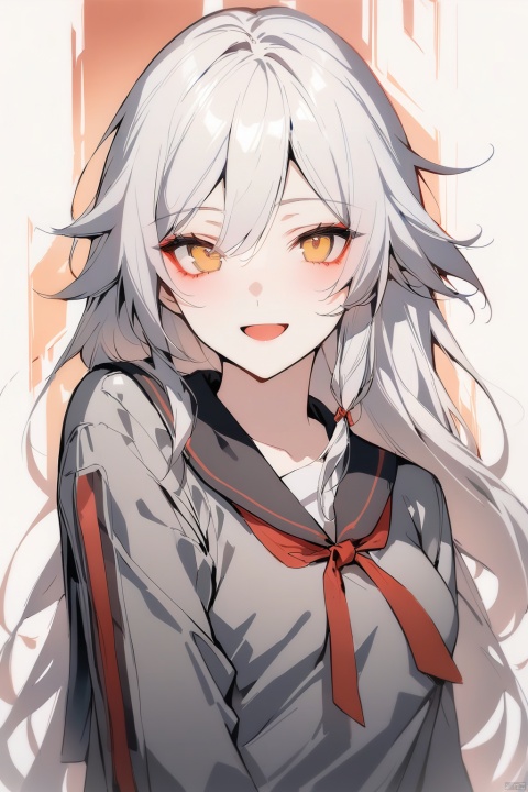  [[fu hua(honkai impact 3rd)]], nai3, 1girl, solo, artstyle,best quality,amazing quality,very aesthetic,absurdres,traditional media,female focus, 
1girl, solo, long hair, looking at viewer, smile, open mouth, bangs, blonde hair, long sleeves, ribbon, holding, school uniform, yellow eyes, upper body, white hair, :d, blunt bangs, sailor collar, english text, red ribbon, parody, yandere, hanasakigawa school uniform,