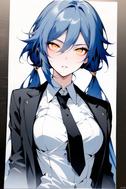  [[fu hua(honkai impact 3rd)]], nai3, 1girl, solo, artstyle,best quality,amazing quality,very aesthetic,absurdres,traditional media,female focus, 
1girl, solo, long hair, looking at viewer, bangs, shirt, gloves, ribbon, twintails, blue hair, jacket, hair ribbon, yellow eyes, white shirt, parted lips, necktie, black gloves, collared shirt, portrait, black necktie