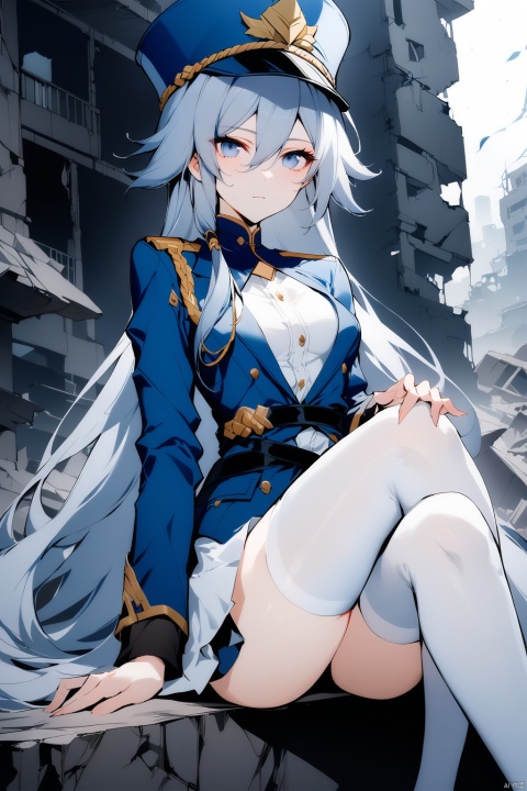  [[fu hua(honkai impact 3rd)]], nai3, 1girl, solo, artstyle,best quality,amazing quality,very aesthetic,absurdres,traditional media,female focus, 
1girl, solo, long hair, breasts, looking at viewer, bangs, blue eyes, skirt, shirt, thighhighs, long sleeves, hat, hair between eyes, medium breasts, sitting, very long hair, closed mouth, jacket, white shirt, white hair, outdoors, uniform, white thighhighs, zettai ryouiki, grey eyes, military, military uniform, blue jacket, blue headwear, military hat, ruins, hand on own knee
