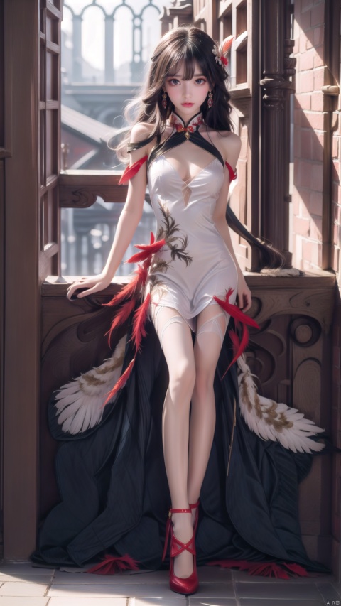  fuhua,1girl,long hair,solo,bird,white hair,dress,looking at viewer,breasts,pantyhose,small breasts,white dress,bangs,bare shoulders,black pantyhose,china dress,sleeveless,red footwear,multicoloredhair,feathers,,