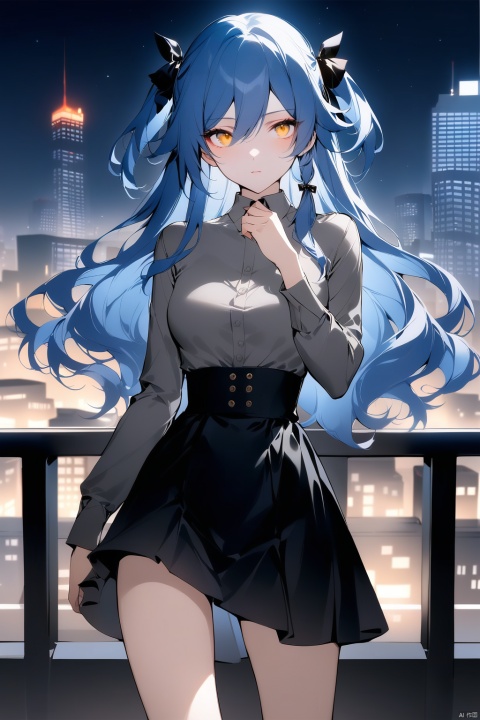  [[fu hua(honkai impact 3rd)]], nai3, 1girl, solo, artstyle,best quality,amazing quality,very aesthetic,absurdres,traditional media,female focus, 
1girl, solo, long hair, breasts, looking at viewer, bangs, skirt, shirt, long sleeves, ribbon, medium breasts, closed mouth, blue hair, standing, hair ribbon, yellow eyes, sidelocks, cowboy shot, outdoors, sky, hand up, blunt bangs, black skirt, two side up, black ribbon, night, wavy hair, building, night sky, grey shirt, high-waist skirt, city, cityscape, skyscraper