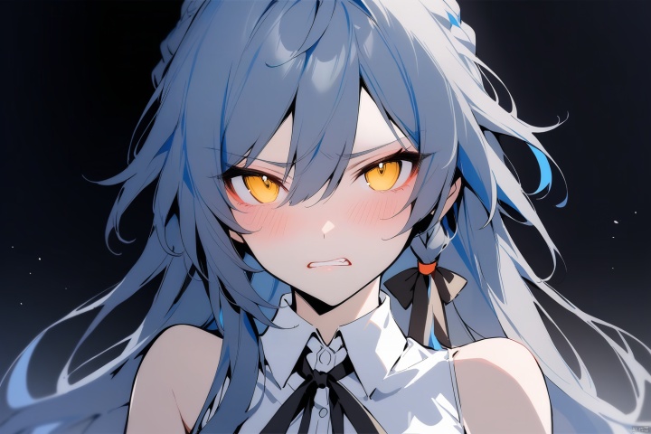  [[fu hua(honkai impact 3rd)]], nai3, 1girl, solo, artstyle,best quality,amazing quality,very aesthetic,absurdres,traditional media,female focus, 
1girl, solo, long hair, looking at viewer, blush, bangs, simple background, shirt, ribbon, blue hair, hair ribbon, yellow eyes, white shirt, braid, grey hair, sidelocks, parted lips, teeth, collared shirt, blunt bangs, two side up, sleeveless shirt, black ribbon, neck ribbon, buttons, black background, clenched teeth, portrait, light blush, disgust