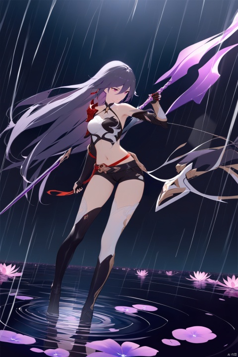  [[fu hua (phoenix)(honkai impact 3rd)]], nai3, 1girl, solo, artstyle,
1girl, long hair, breasts, bangs, multiple girls, thighhighs, navel, holding, 2girls, weapon, purple hair, flower, boots, shorts, midriff, sword, water, thigh boots, black shorts, gauntlets, reflection, rain, ripples, different reflection, (masterpiece)