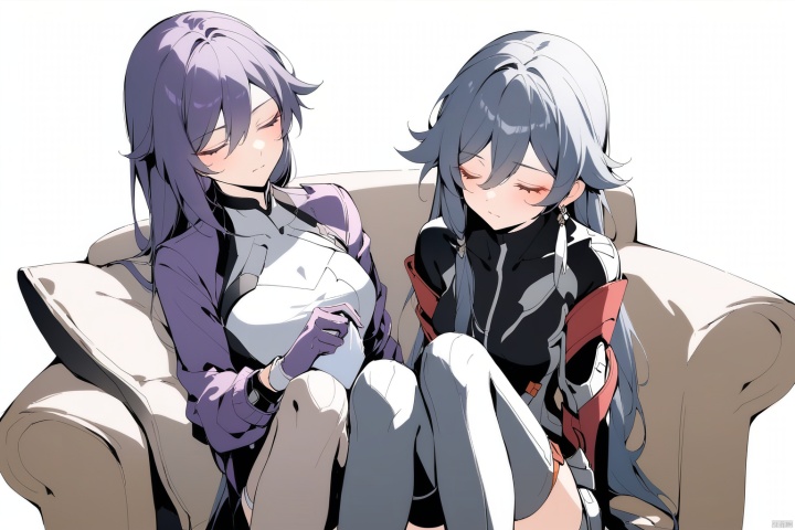  [[fu hua(honkai impact 3rd)]], nai3, 1girl, solo, artstyle,best quality,amazing quality,very aesthetic,absurdres,traditional media,female focus, 
long hair, bangs, multiple girls, thighhighs, gloves, white background, holding, 2girls, sitting, closed mouth, jacket, closed eyes, purple hair, grey hair, couch,