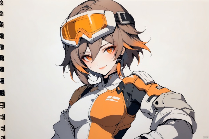  [[fu hua(honkai impact 3rd)]], nai3, 1girl, solo, artstyle,best quality,amazing quality,very aesthetic,absurdres,traditional media,female focus, 
1girl, solo, smile, short hair, brown hair, gloves, orange hair, lips, hand on hip, helmet, goggles, science fiction, goggles on head, helmet removed, spacesuit