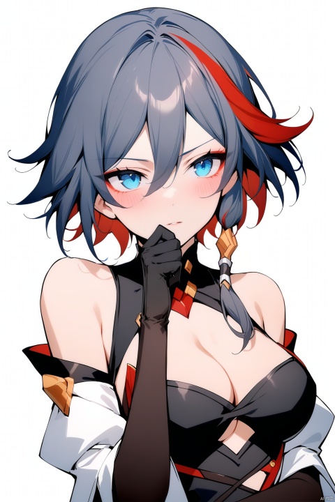  [[fu hua(honkai impact 3rd)]], nai3, 1girl, solo, artstyle,best quality,amazing quality,very aesthetic,absurdres,traditional media,female focus, 
1girl, breasts, blush, short hair, bangs, blue eyes, hair ornament, gloves, cleavage, bare shoulders, upper body, red hair, multicolored hair, detached sleeves, black gloves, streaked hair, clothing cutout, cleavage cutout, hand on own chin, thinking, 