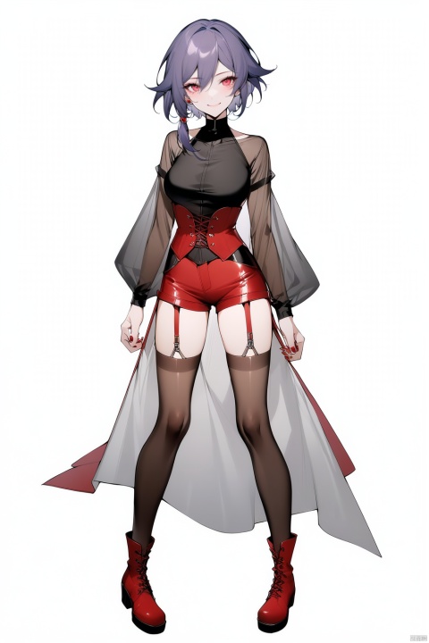  [[fu hua(honkai impact 3rd)]], nai3, 1girl, solo, artstyle,best quality,amazing quality,very aesthetic,absurdres,traditional media,female focus, 
1girl, solo, breasts, looking at viewer, smile, short hair, bangs, shirt, red eyes, thighhighs, long sleeves, white background, closed mouth, standing, full body, purple hair, shorts, pink eyes, nail polish, see-through, black shirt, short shorts, garter straps, red footwear, red nails, corset, brown thighhighs, red shorts, see-through sleeves