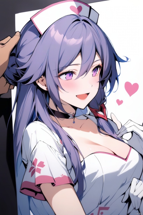  [[fu hua(honkai impact 3rd)]], nai3, 1girl, solo, artstyle,best quality,amazing quality,very aesthetic,absurdres,traditional media,female focus, 
1girl, long hair, blush, smile, open mouth, bangs, hair ornament, gloves, 1boy, hat, dress, cleavage, purple eyes, upper body, purple hair, short sleeves, heart, choker, white gloves, hair bun, looking at another, from side, holding hands, black choker, 1other, nurse cap, ambiguous gender, 