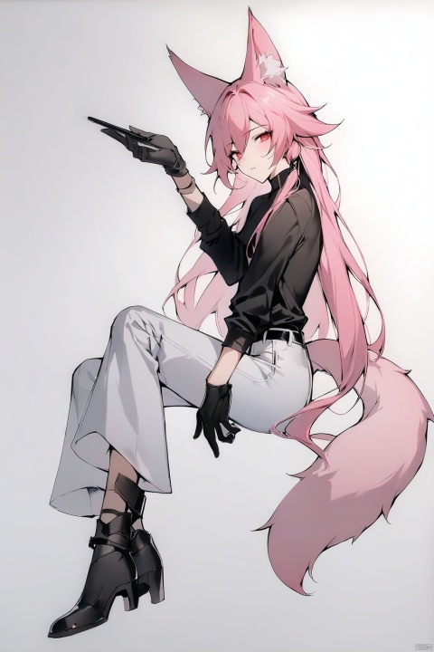  [[fu hua(honkai impact 3rd)]], nai3, 1girl, solo, artstyle,best quality,amazing quality,very aesthetic,absurdres,traditional media,female focus, 
solo, long hair, looking at viewer, simple background, shirt, gloves, long sleeves, 1boy, white background, holding, animal ears, very long hair, tail, full body, pink hair, male focus, black gloves, pants, black footwear, fox ears, fox tail, white pants