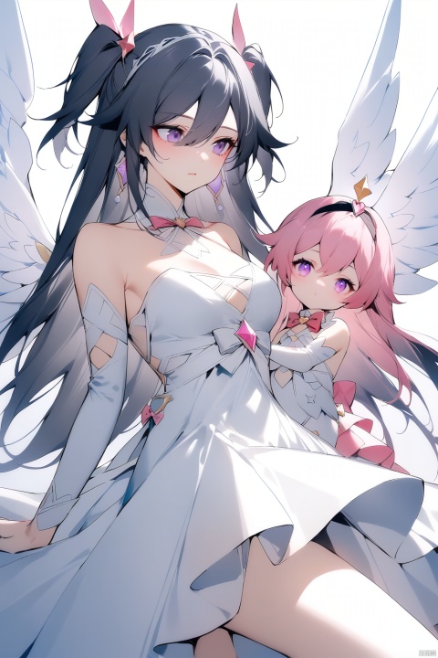  [[fu hua(honkai impact 3rd)]], nai3, 1girl, solo, artstyle,best quality,amazing quality,very aesthetic,absurdres,traditional media,female focus, 
long hair, bangs, multiple girls, black hair, long sleeves, dress, bow, ribbon, holding, 2girls, purple eyes, pink hair, hairband, wings, white dress, looking at another, two side up, magical girl, black hairband, minigirl,