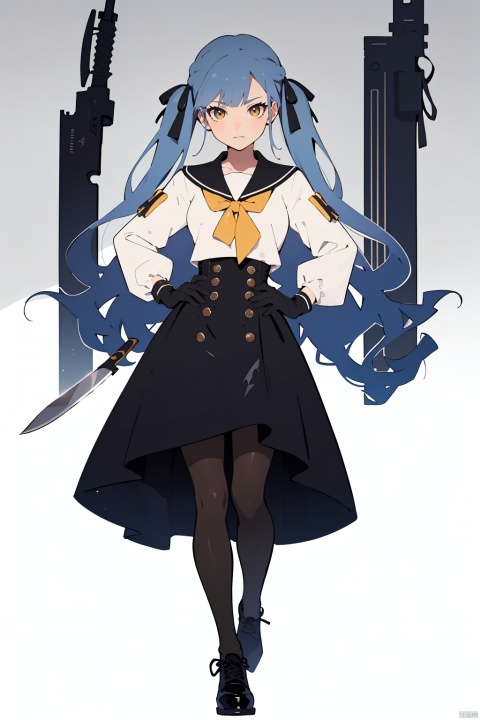 ribbon,hair ribbon, yellow eyes,black ribbon, knife, high-waist skirt, holding knife, dagger, holding dagger,cybersaki,blue hair,
1girl, solo, long hair, breasts, looking at viewer, bangs, skirt, simple background, shirt, gloves, long sleeves, white background, ribbon, holding, closed mouth, standing, full body, hair ribbon, yellow eyes, white shirt, weapon, grey hair, pantyhose, shoes, black gloves, puffy sleeves, fingerless gloves, black skirt, sailor collar, black footwear, holding weapon, two side up, hand on hip, grey eyes, black pantyhose, black ribbon, knife, high-waist skirt, holding knife, dagger, holding dagger