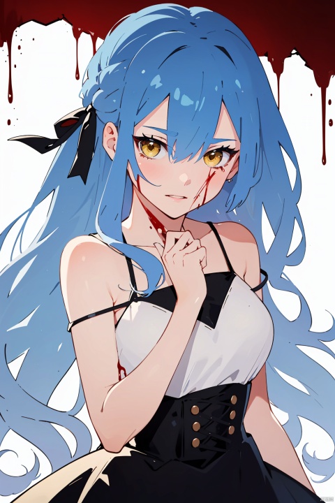 ribbon,hair ribbon, yellow eyes,black ribbon, knife, high-waist skirt, holding knife, dagger, holding dagger,cybersaki,blue hair,
1girl, solo, long hair, looking at viewer, dress, ribbon, bare shoulders, closed mouth, blue hair, collarbone, hair ribbon, yellow eyes, white dress, black ribbon, blood, strap slip, blood on face, blood on clothes, covering one eye