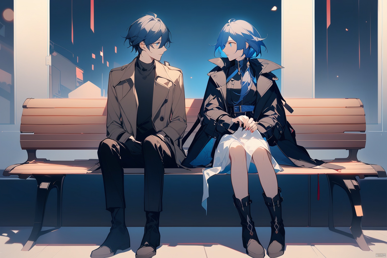  [[fu hua (phoenix)(honkai impact 3rd)]],nai3,1girl,solo,blue eyes
{artist:ask(askzy)}, 
1girl, short hair,  1boy, sitting, blue hair, boots, looking at another, bench, trench coat