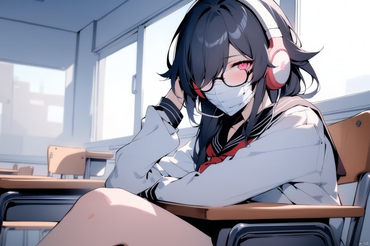  [[fu hua(honkai impact 3rd)]], nai3, 1girl, solo, artstyle,best quality,amazing quality,very aesthetic,absurdres,traditional media,female focus, 
1girl, solo, black hair, long sleeves, sitting, school uniform, glasses, serafuku, indoors, pink eyes, hair over one eye, neckerchief, sleeves past wrists, mask, headphones, watermark, chair, red neckerchief, desk, mouth mask, classroom, school desk, surgical mask, school chair