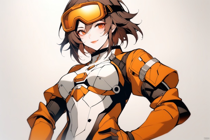  [[fu hua(honkai impact 3rd)]], nai3, 1girl, solo, artstyle,best quality,amazing quality,very aesthetic,absurdres,traditional media,female focus, 
1girl, solo, smile, short hair, brown hair, gloves, orange hair, lips, hand on hip, helmet, goggles, science fiction, goggles on head, helmet removed, spacesuit