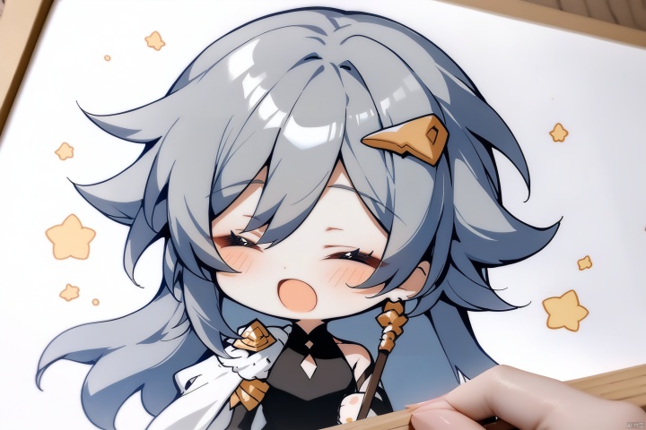  [[fu hua(honkai impact 3rd)]], nai3, 1girl, solo, artstyle,best quality,amazing quality,very aesthetic,absurdres,traditional media,female focus, 
1girl, solo, long hair, open mouth, bangs, hair ornament, holding, closed eyes, grey hair, hairclip, virtual youtuber, chibi