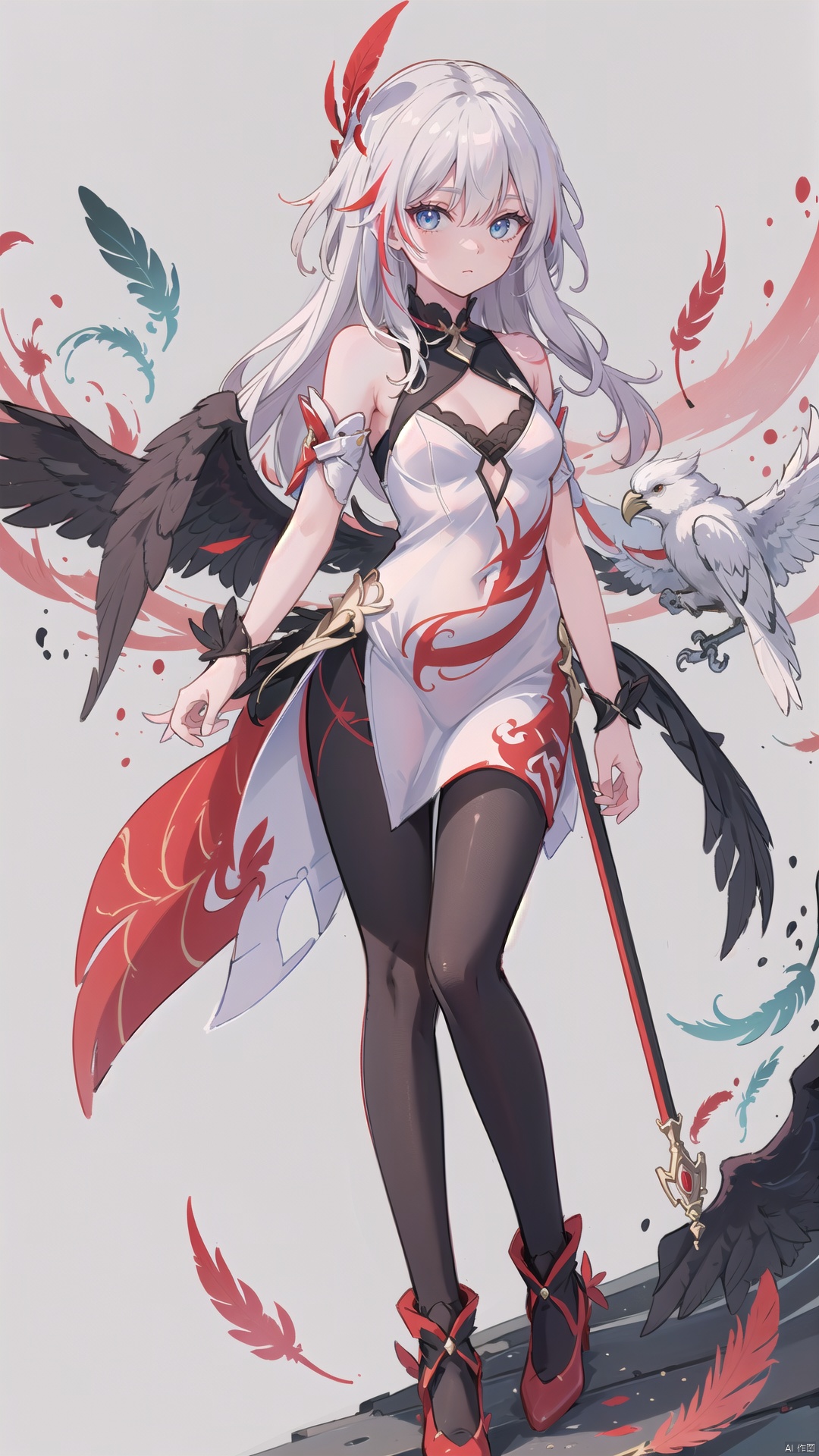  fuhua,1girl,long hair,solo,bird,white hair,dress,looking at viewer,breasts,pantyhose,small breasts,white dress,bangs,bare shoulders,black pantyhose,china dress,sleeveless,red footwear,multicoloredhair,feathers,,