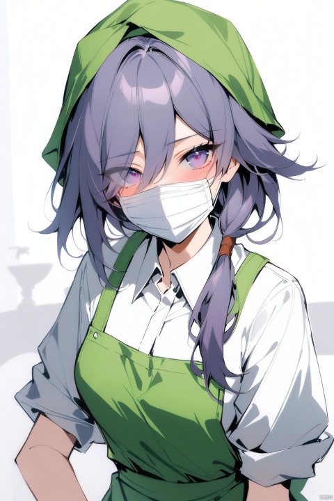  [[fu hua(honkai impact 3rd)]], nai3, 1girl, solo, artstyle,best quality,amazing quality,very aesthetic,absurdres,traditional media,female focus, 
1girl, solo, looking at viewer, blush, shirt, purple eyes, white shirt, purple hair, collared shirt, apron, mask, eyes visible through hair, mouth mask, head scarf, surgical mask, green apron