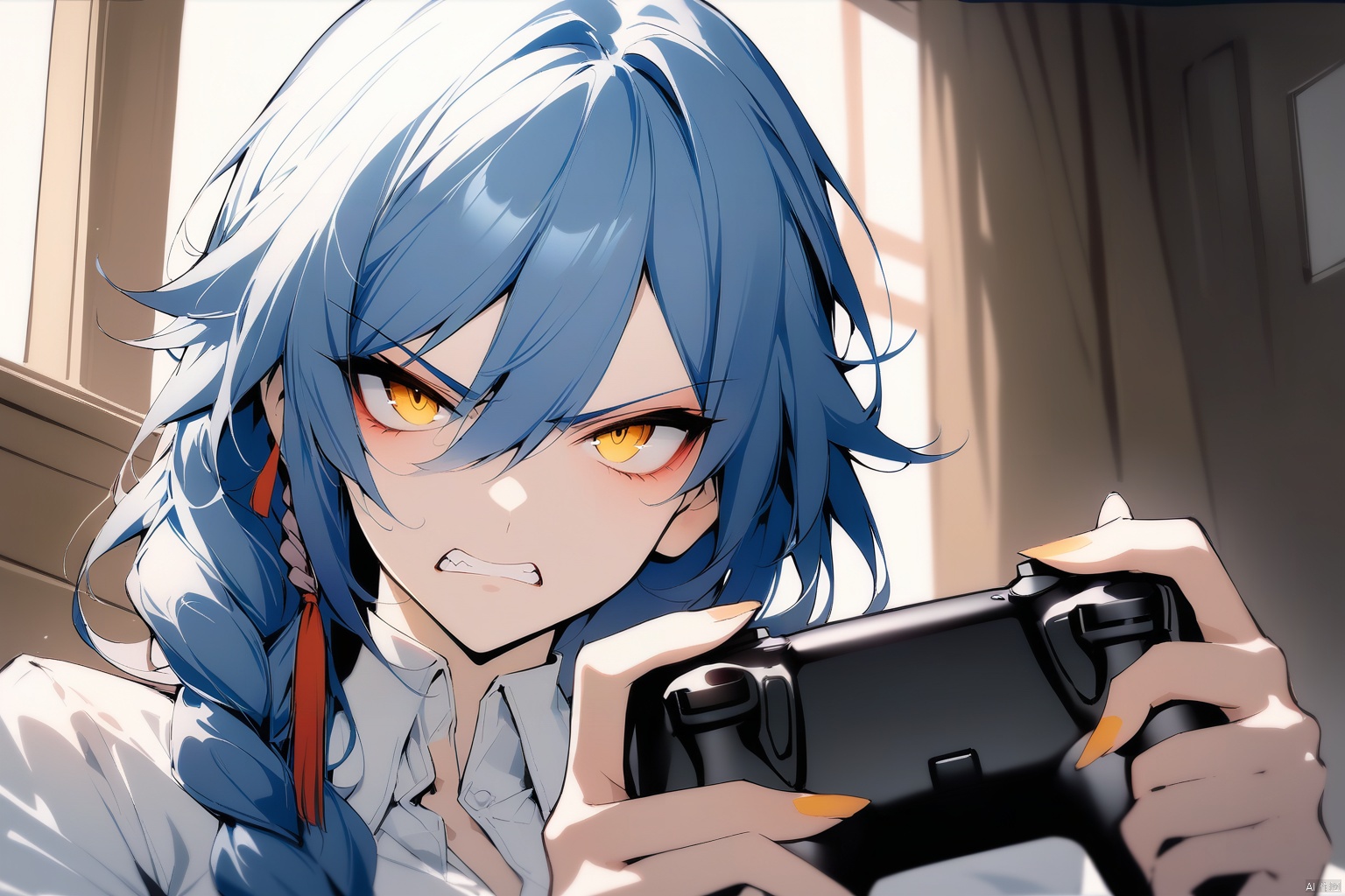  [[fu hua(honkai impact 3rd)]], nai3, 1girl, solo, artstyle,best quality,amazing quality,very aesthetic,absurdres,traditional media,female focus, 
1girl, solo, long hair, looking at viewer, bangs, ribbon, holding, blue hair, hair ribbon, yellow eyes, braid, teeth, indoors, formal, clenched teeth, angry, controller, glaring, scowl, disgust