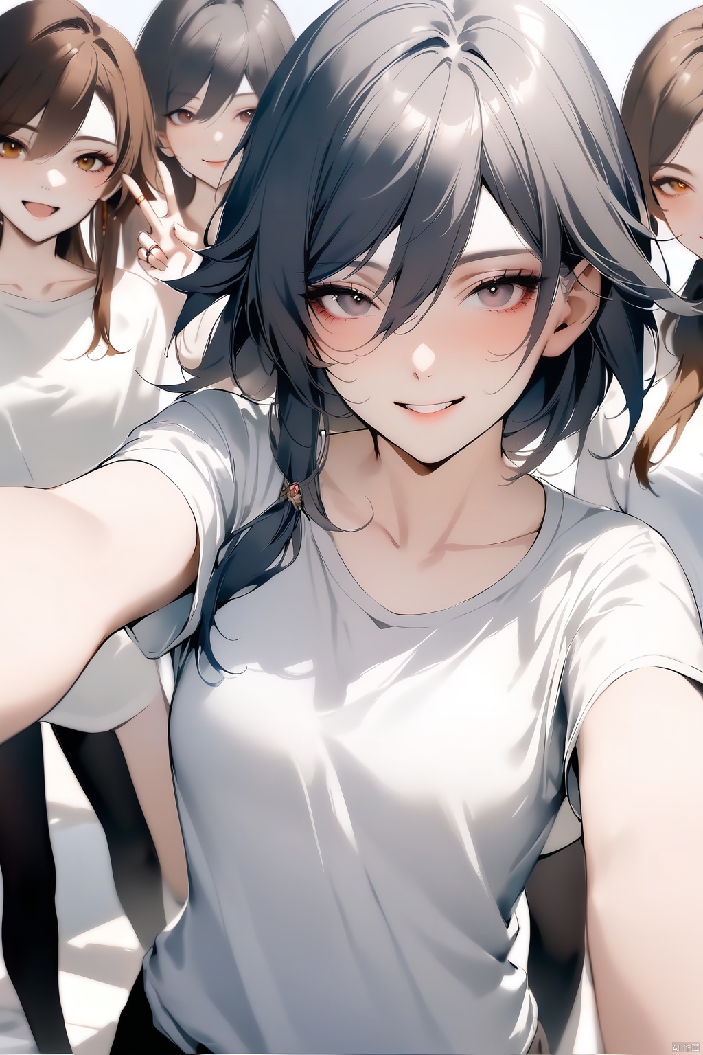  [[fu hua(honkai impact 3rd)]], nai3, 1girl, solo, artstyle,best quality,amazing quality,very aesthetic,absurdres,traditional media,female focus, 
long hair, looking at viewer, smile, short hair, multiple girls, brown hair, shirt, black hair, jewelry, v, 6+girls, ring, 5girls, t-shirt, realistic, selfie, voice actor