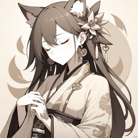  [[fu hua(honkai impact 3rd)]], nai3, 1girl, solo, artstyle,best quality,amazing quality,very aesthetic,absurdres,traditional media,female focus, 
 long sleeves, holding, jewelry, closed mouth, monochrome, closed eyes, heart, earrings, japanese clothes, wide sleeves, mole under eye, animal, sepia, fox, pvc figure