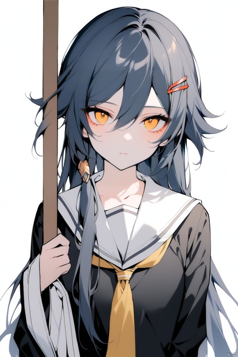  [[fu hua(honkai impact 3rd)]], nai3, 1girl, solo, artstyle,best quality,amazing quality,very aesthetic,absurdres,traditional media,female focus, 
1girl, solo, long hair, looking at viewer, bangs, simple background, shirt, hair ornament, long sleeves, holding, closed mouth, school uniform, yellow eyes, upper body, hairclip, wide sleeves, sailor collar, expressionless, black background, outline, white sailor collar, sign, white outline, holding sign