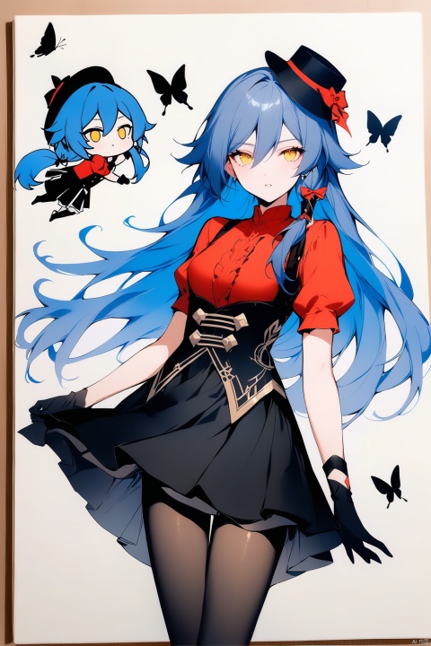  [[fu hua(honkai impact 3rd)]], nai3, 1girl, solo, artstyle,best quality,amazing quality,very aesthetic,absurdres,traditional media,female focus, 
1girl, long hair, looking at viewer, bangs, skirt, shirt, gloves, hat, dress, bow, ribbon, underwear, blue hair, hair ribbon, yellow eyes, short sleeves, pantyhose, parted lips, black gloves, black skirt, chibi, black dress, black ribbon, multiple views, floating hair, bug, butterfly, red shirt, corset, bloomers