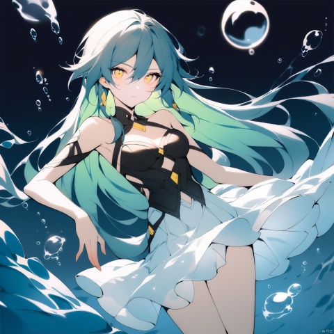  [[fu hua(honkai impact 3rd)]], nai3, 1girl, solo, artstyle,best quality,amazing quality,very aesthetic,absurdres,traditional media,female focus, 
1girl, solo, long hair, skirt, ribbon, yellow eyes, green hair, parody, cover, bubble, underwater, air bubble, album cover