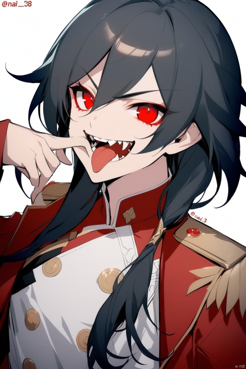  [[fu hua (phoenix)(honkai impact 3rd)]], nai3, 1girl, solo, artstyle,
solo, looking at viewer, smile, open mouth, black hair, red eyes, 1boy, white background, jacket, male focus, teeth, tongue, tongue out, twitter username, uniform, v-shaped eyebrows, military, military uniform, fangs, mouth pull