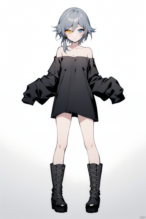  [[fu hua(honkai impact 3rd)]], nai3, 1girl, solo, artstyle,best quality,amazing quality,very aesthetic,absurdres,traditional media,female focus, 
1girl, solo, short hair, bangs, blue eyes, simple background, shirt, long sleeves, white background, closed mouth, standing, collarbone, full body, yellow eyes, grey hair, boots, striped, off shoulder, black footwear, sleeves past wrists, black shirt, heterochromia, cross-laced footwear, off-shoulder shirt