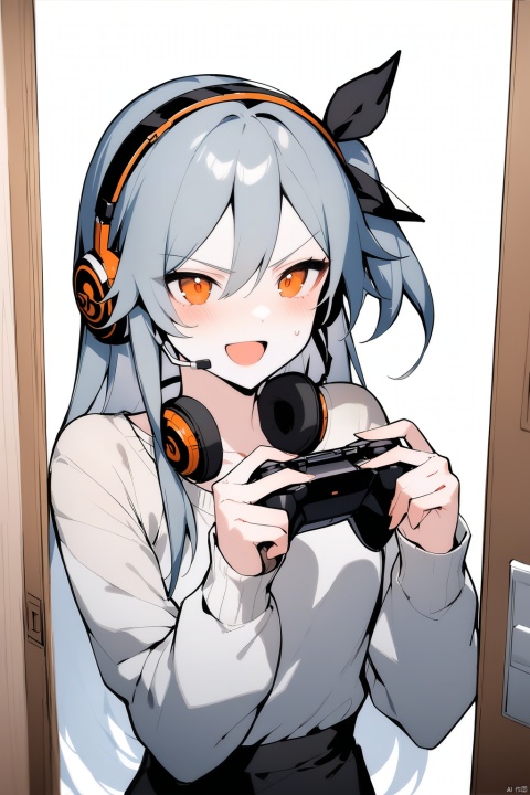 [[fu hua(honkai impact 3rd)]], nai3, 1girl, solo, artstyle,best quality,amazing quality,very aesthetic,absurdres,traditional media,female focus, 
1girl, solo, long hair, smile, open mouth, long sleeves, ribbon, brown eyes, hair ribbon, upper body, grey hair, sweat, chibi, sweatdrop, v-shaped eyebrows, black ribbon, headphones, one side up, headset, door, controller, 