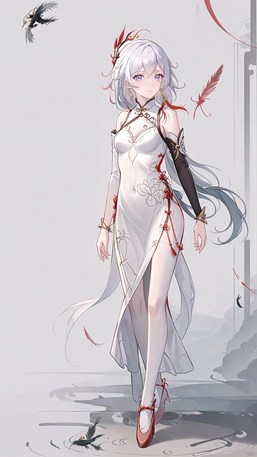  fuhua,1girl,long hair,solo,bird,white hair,dress,looking at viewer,breasts,pantyhose,small breasts,white dress,bangs,bare shoulders,black pantyhose,china dress,sleeveless,red footwear,multicoloredhair,feathers,, vector illustration