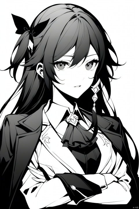  [[fu hua(honkai impact 3rd)]], nai3, 1girl, solo, artstyle,best quality,amazing quality,very aesthetic,absurdres,traditional media,female focus, 
1girl, solo, long hair, looking at viewer, bangs, simple background, shirt, hair ornament, long sleeves, white background, bow, jacket, monochrome, upper body, hair bow, greyscale, parted lips, collared shirt, blunt bangs, bowtie, two side up, ascot, crossed arms, cropped torso, jacket on shoulders, coat on shoulders