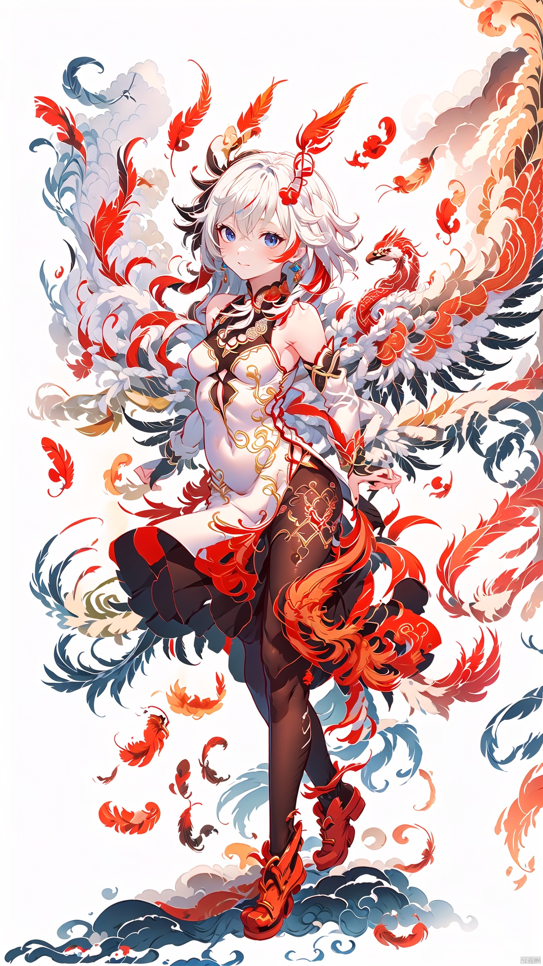  fuhua,1girl,long hair,solo,bird,white hair,dress,looking at viewer,breasts,pantyhose,small breasts,white dress,bangs,bare shoulders,black pantyhose,china dress,sleeveless,red footwear,multicoloredhair,feathers,, vector illustration