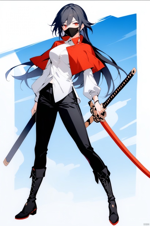  [[fu hua(honkai impact 3rd)]], nai3, 1girl, solo, artstyle,best quality,amazing quality,very aesthetic,absurdres,traditional media,female focus, 
1girl, solo, breasts, looking at viewer, bangs, shirt, black hair, long sleeves, holding, standing, full body, white shirt, weapon, boots, outdoors, pants, sword, black footwear, holding weapon, capelet, mask, holding sword, black pants, knee boots, katana, sheath, mouth mask, layered sleeves, red capelet
