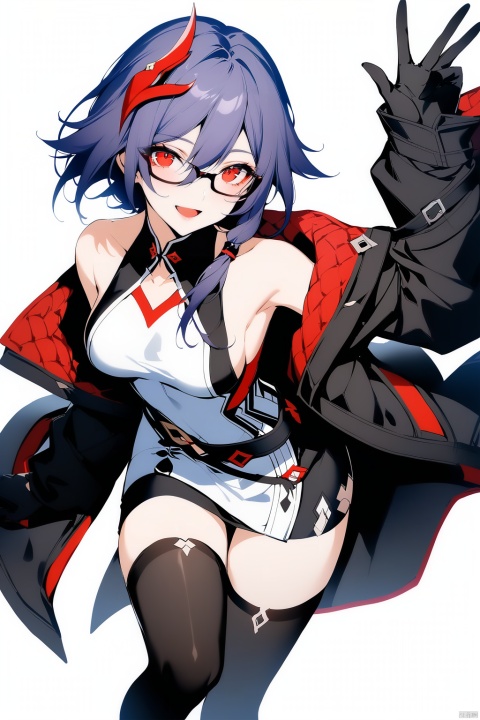 [[fu hua(honkai impact 3rd)]], nai3, 1girl, solo, artstyle,best quality,amazing quality,very aesthetic,absurdres,traditional media,female focus, 
1girl, solo, breasts, looking at viewer, smile, short hair, open mouth, bangs, simple background, hair ornament, red eyes, thighhighs, gloves, long sleeves, white background, dress, bare shoulders, medium breasts, standing, jacket, full body, purple hair, :d, open clothes, glasses, sleeveless, black gloves, belt, black thighhighs, off shoulder, black footwear, open jacket, zettai ryouiki, black jacket, sideboob, short dress