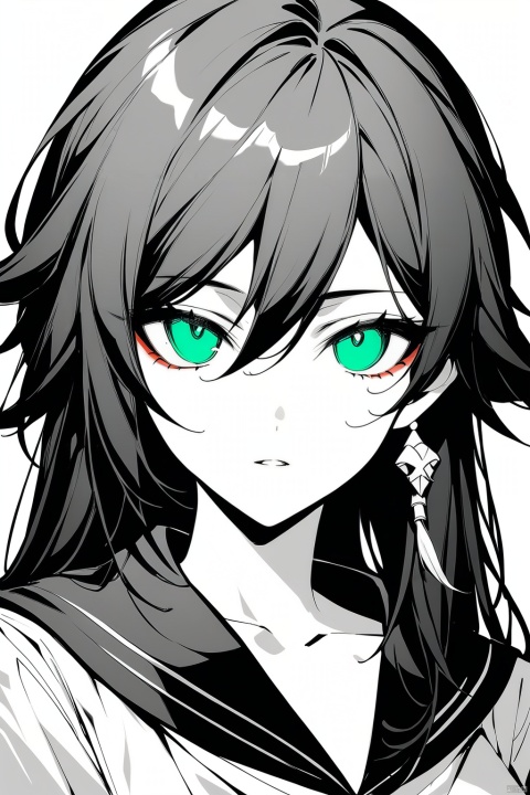  [[fu hua(honkai impact 3rd)]], nai3, 1girl, solo, artstyle,best quality,amazing quality,very aesthetic,absurdres,traditional media,female focus, 
1girl, solo, long hair, looking at viewer, bangs, simple background, white background, green eyes, collarbone, monochrome, upper body, parted lips, sailor collar, collar, spot color