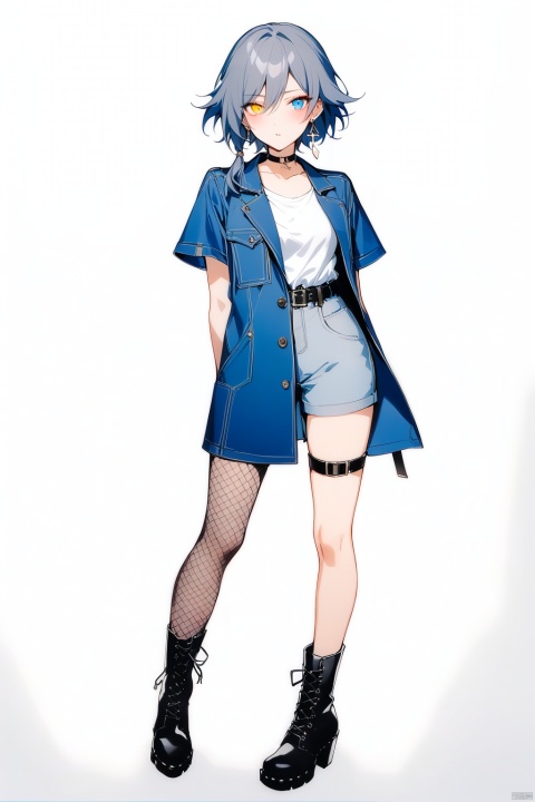  [[fu hua(honkai impact 3rd)]], nai3, 1girl, solo, artstyle,best quality,amazing quality,very aesthetic,absurdres,traditional media,female focus, 
1girl, solo, looking at viewer, blush, short hair, bangs, blue eyes, simple background, shirt, thighhighs, white background, jewelry, standing, collarbone, full body, yellow eyes, white shirt, short sleeves, grey hair, earrings, boots, parted lips, choker, belt, virtual youtuber, black footwear, coat, buttons, heterochromia, black choker, blue jacket, single thighhigh, fishnets, cross-laced footwear, asymmetrical legwear, lace-up boots, fishnet thighhighs, blue coat
